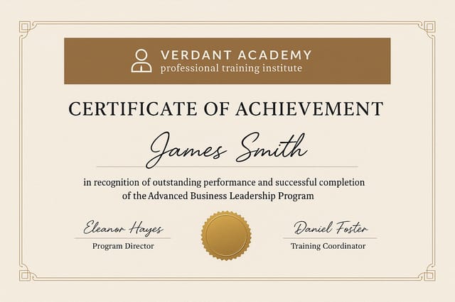 Verdant Academy Certificate of Achievement – beige and brown modern layout with gold seal and elegant typography
