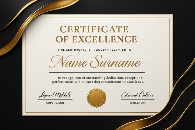 Certificate of Excellence – black and gold luxury layout with embossed seal and elegant serif typography