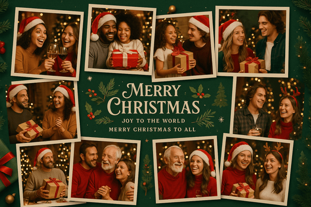 Merry Christmas collage – family celebration, deep green background, gifts, and holly decorations