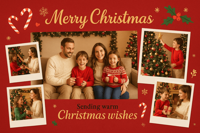 Family Christmas collage – red background, Polaroid photos, tree decorating, cozy living room moments