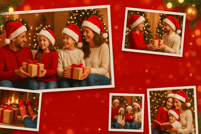 Christmas family collage – bright red Verlauf background, fireplace scenes, gifts, festive decorations