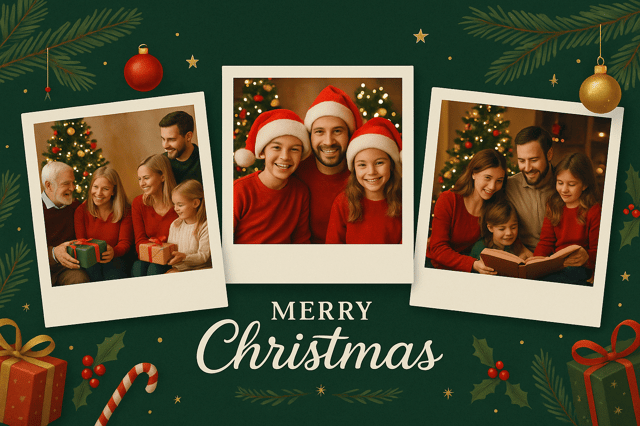 Merry Christmas family collage – dark green background, Polaroid portraits, festive and warm theme