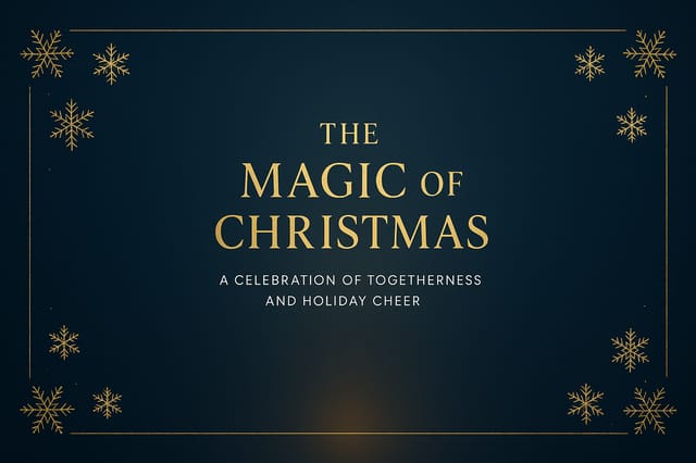 The Magic of Christmas presentation slide – midnight blue background with golden snowflakes and elegant centered title