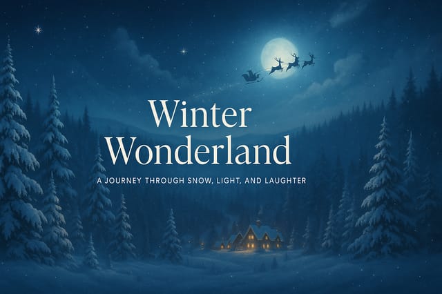 Winter Wonderland presentation slide – snowy panoramic village with Santa’s sleigh and glowing night sky