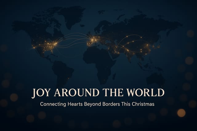 Joy Around the World presentation slide – glowing world map with golden trails and festive global theme