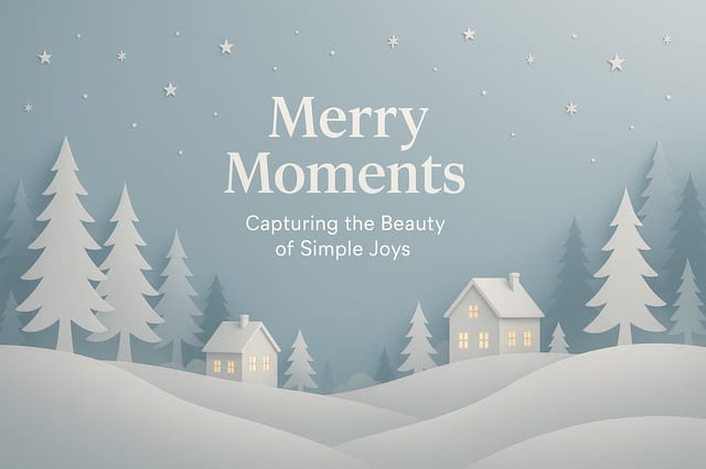 Merry Moments presentation slide – paper-cut winter landscape with glowing houses and layered snowy hills