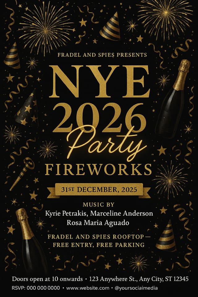 NYE 2026 party flyer – black and gold with fireworks, champagne, and elegant typography