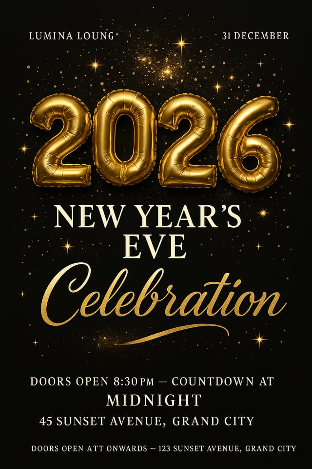 New Year’s Eve Celebration flyer – gold balloon 2026, black background, elegant festive layout
