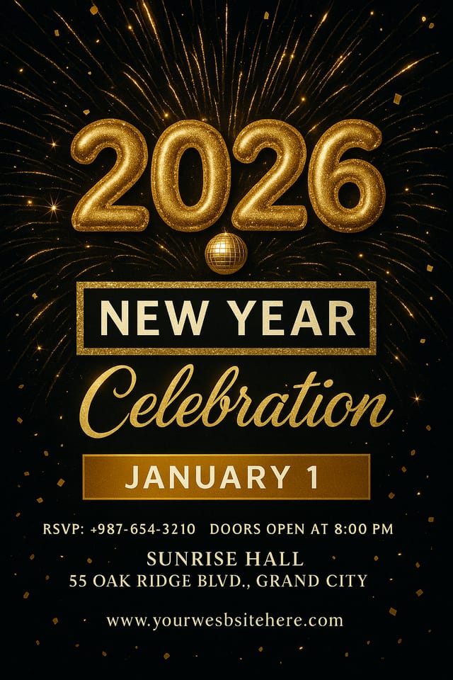 New Year Celebration flyer – 3D gold 2026, fireworks, disco ball, and elegant black-and-gold theme