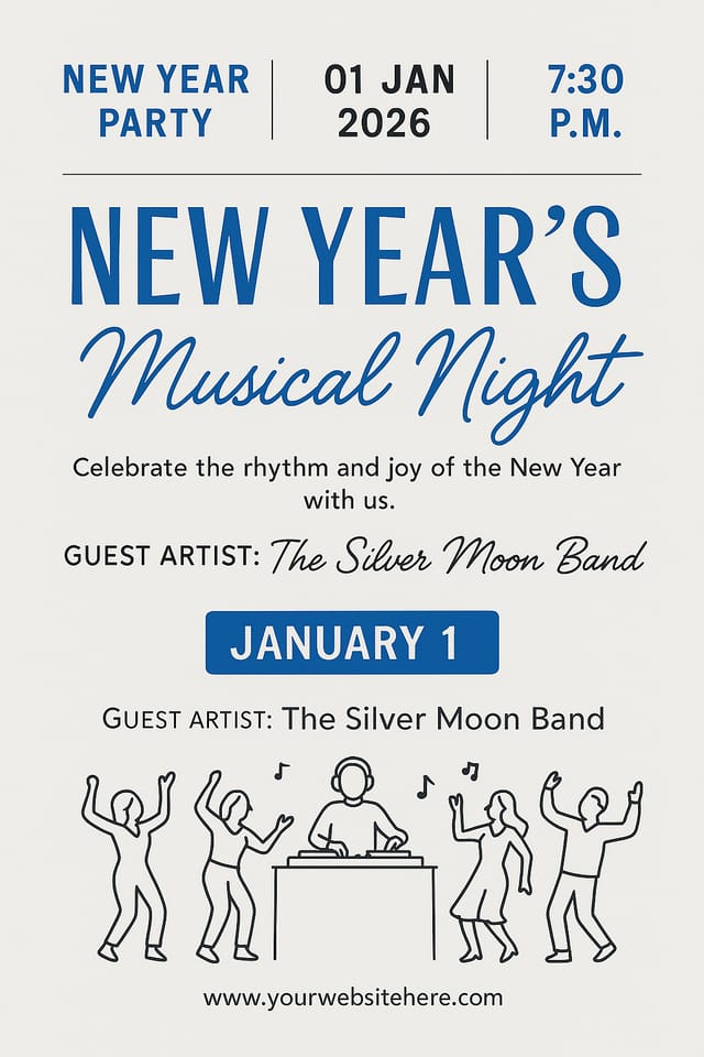 New Year Musical Night flyer – minimal light-grey with blue text, hand-drawn dancers, modern layout