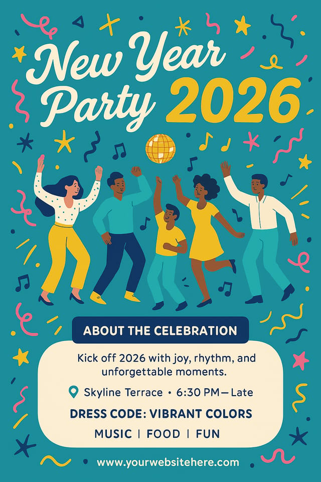 New Year Party 2026 flyer – teal blue, illustrated dancers, retro typography, and playful celebration theme