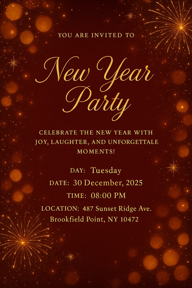 New Year Party invitation – deep red and gold bokeh, elegant festive vertical design