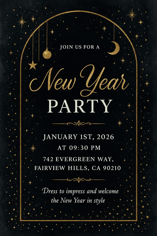Elegant black and gold New Year Party invitation – arched frame, ornaments, and night-sky sparkle design