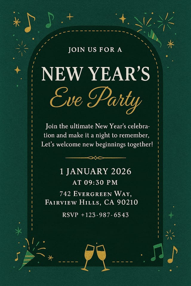 Green and gold New Year’s Eve Party invitation – stitched border, festive music notes, and champagne icons