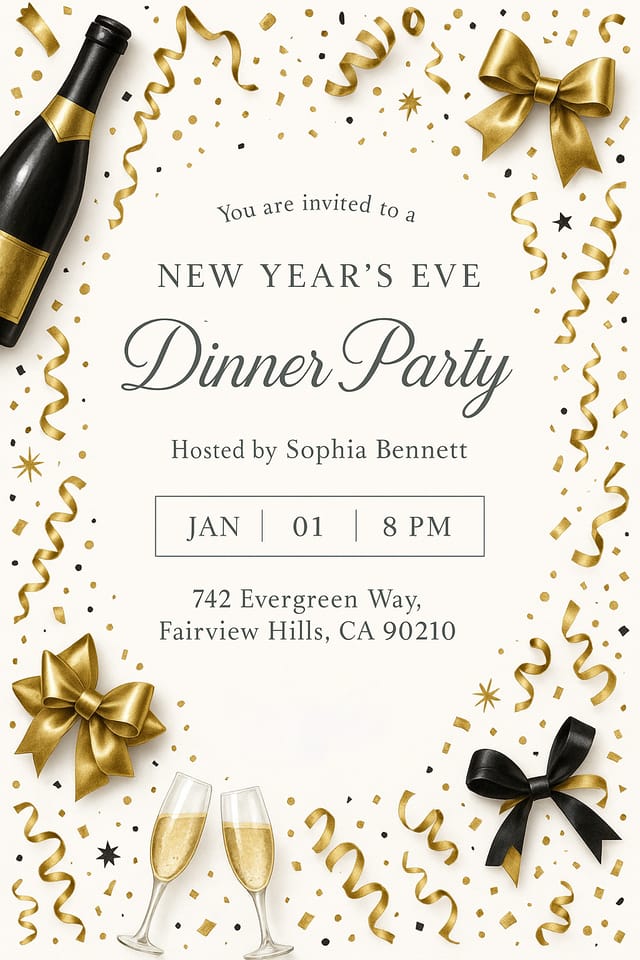 New Year’s Eve Dinner Party invitation – white with gold accents, elegant black typography, sophisticated design