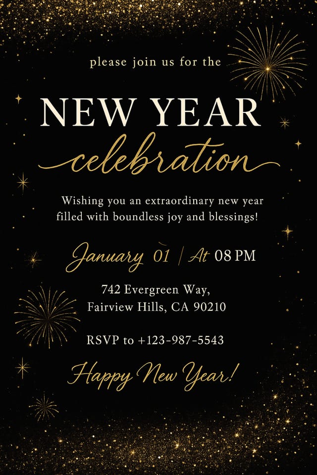 New Year Celebration invitation – black and gold fireworks, glowing typography, festive premium design