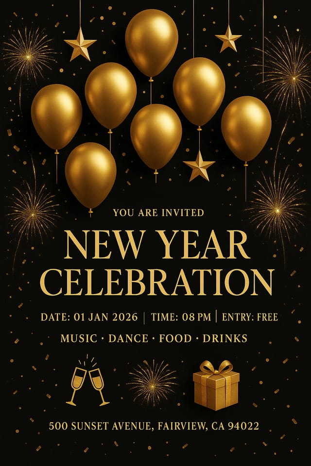 New Year Celebration poster – black and gold elegant layout with fireworks and festive metallic balloons