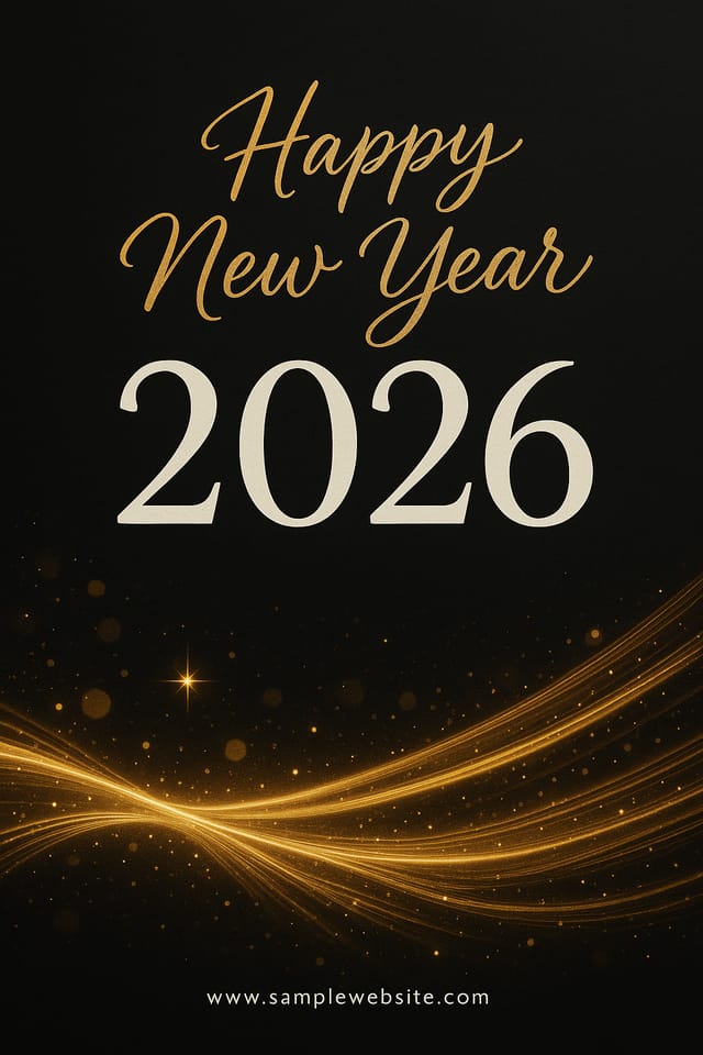 Happy New Year 2026 poster – dark minimalist design with golden trails, sparkles, and elegant typography