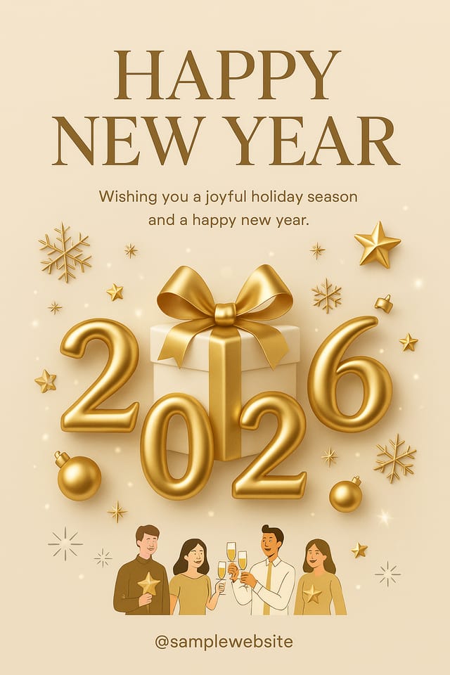 Elegant beige and gold New Year poster — 3D 2026 typography, gold gift box, premium festive theme.