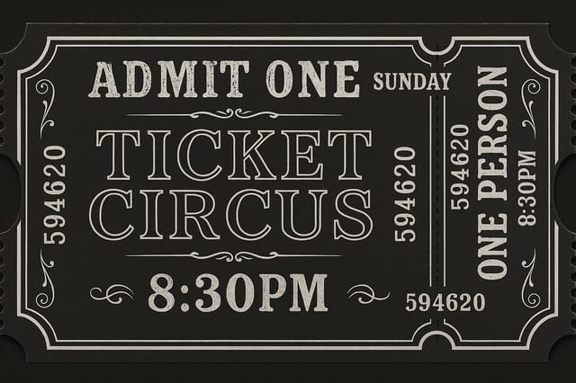 Vintage circus admission ticket with dark charcoal background and ornate white borders