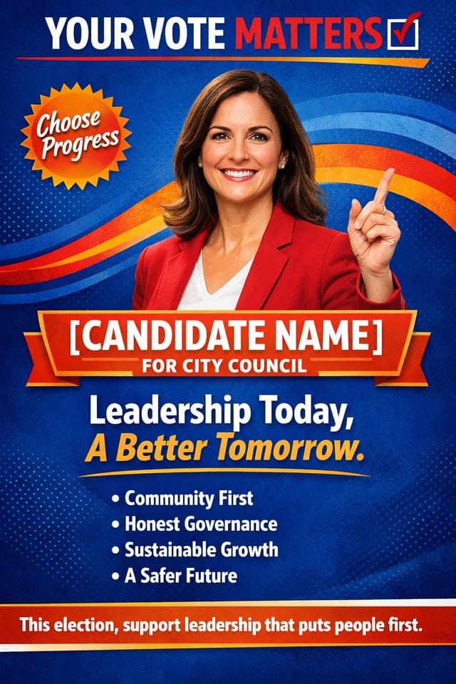 Local election poster — confident female candidate, blue civic background, headline Your Vote Matters.