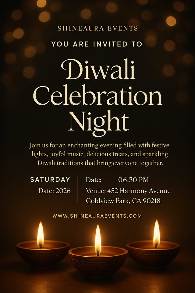 Elegant Diwali party poster — black and gold degradado, glowing diyas, bokeh lights, refined typography.