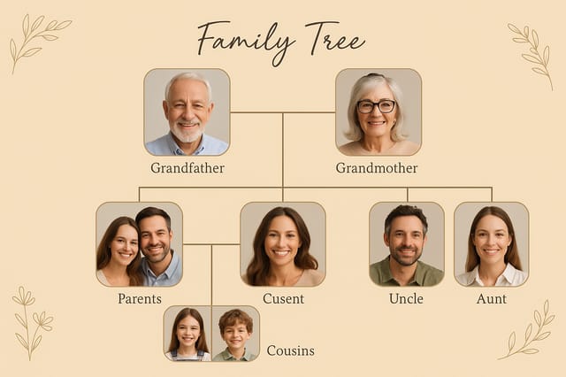 Modern beige family tree — elegant handwritten title, floral corner accents, structured neutral design.