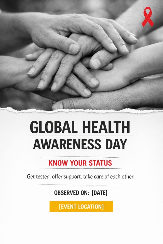 Public health awareness poster — Global Health Awareness Day, joined hands black-and-white image.