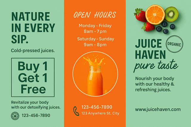 Full-bleed 16:9 juice tri-fold brochure — mint-green and orange color palette, عضوي branding with full-edge modern layout.