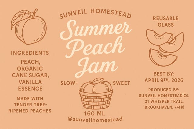 Full-bleed 16:9 peach jam label — warm cream and brown tones, elegant Sunveil Startseitestead branding with fruit illustration details.