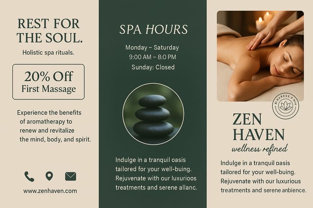 Full-bleed 16:9 spa tri-fold brochure — beige and forest-green palette, premium wellness branding with elegant design.