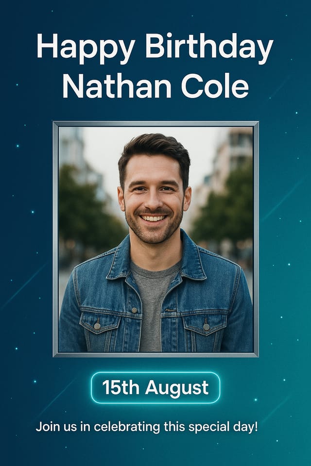 Full-bleed portrait birthday poster — blue and teal gradient, modern masculine Nathan Cole design.