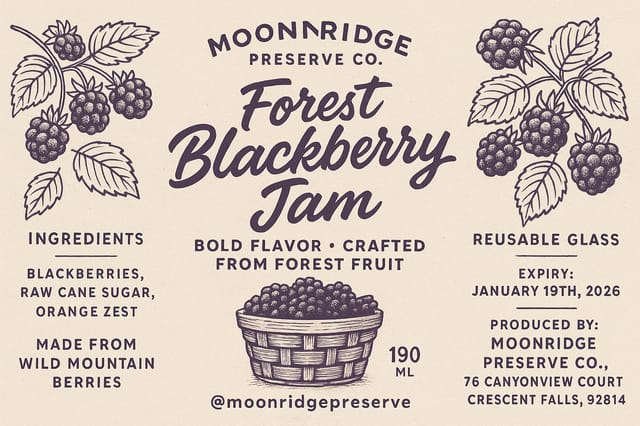 Full-bleed 16:9 blackberry jam label — deep purple and beige color palette, Moonridge Preserve artisan tri-panel layout.