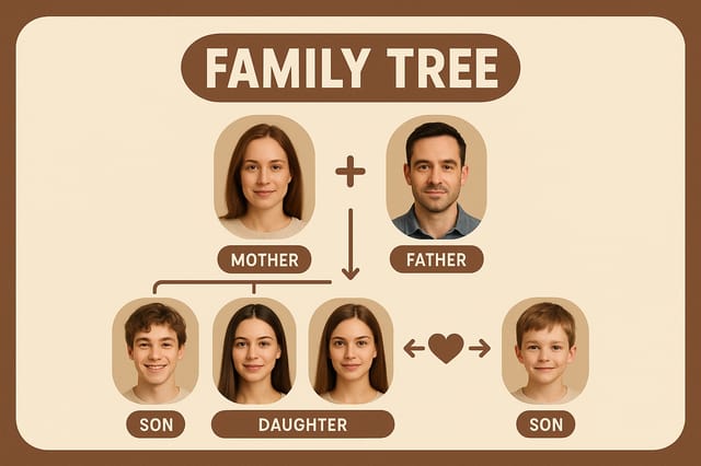 Retro flat family tree — brown cream palette, oval badge, minimal infographic with icons.