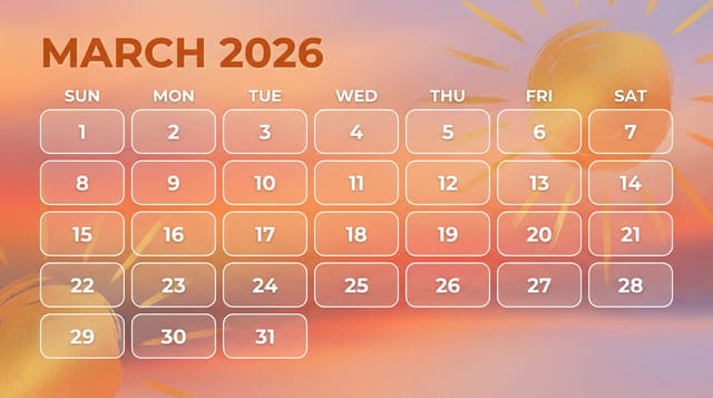 March 2026 landscape calendar — sunset gradient, soft lavender-peach tones, minimal abstract sun design.