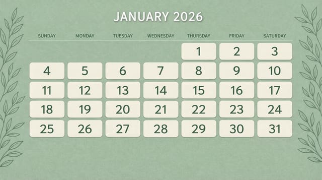 January 2026 landscape calendar — sage green botanical theme, soft paper texture, clean minimalist layout.