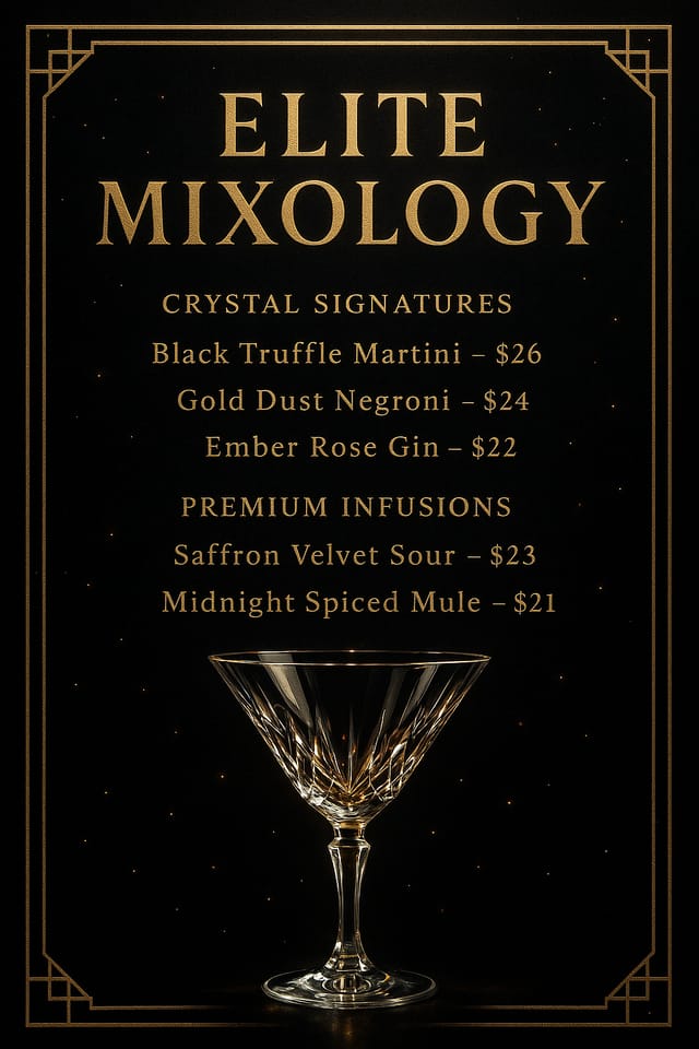 Full-bleed portrait luxury cocktail menu — Elite Mixology, obsidian and gold theme with crystal glass and metallic typography.