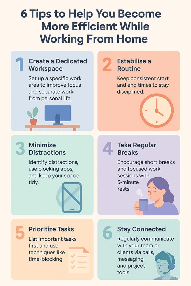 Colorful infographic — 6 tips for working from home efficiently, pastel design with icons.