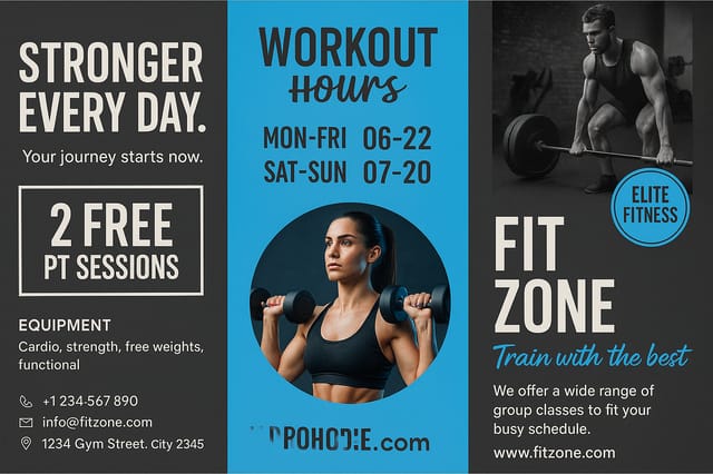 Full-bleed 16:9 fitness tri-fold brochure — charcoal and neon-blue design with equal panels, modern gym branding, and edge-to-edge layout.