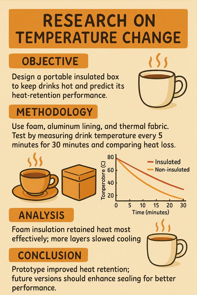 Playful research poster — insulated box heat retention study, orange headers, line graph illustration.