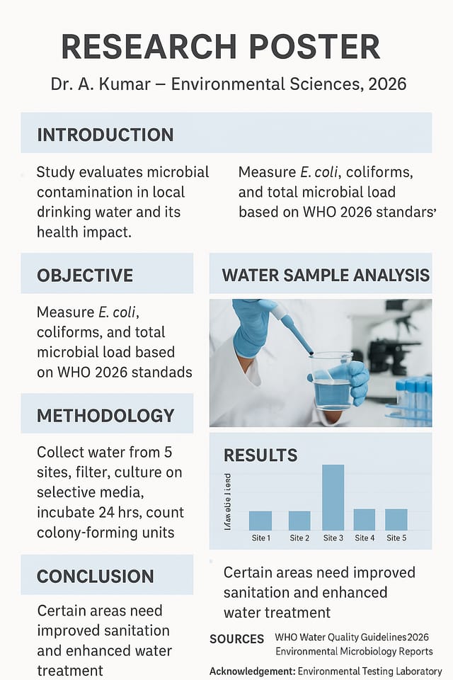Clean vertical research poster — microbial water contamination study, blue panels, minimal academic layout.