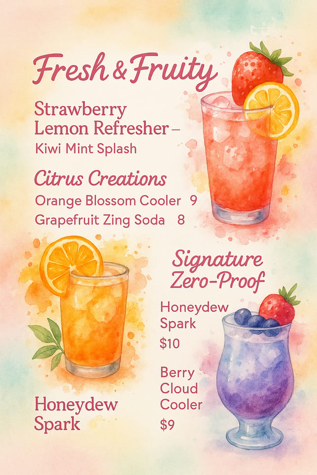 Full-bleed portrait mocktail menu — Pastel watercolor with fruity splashes, zero-proof creative drink layout.
