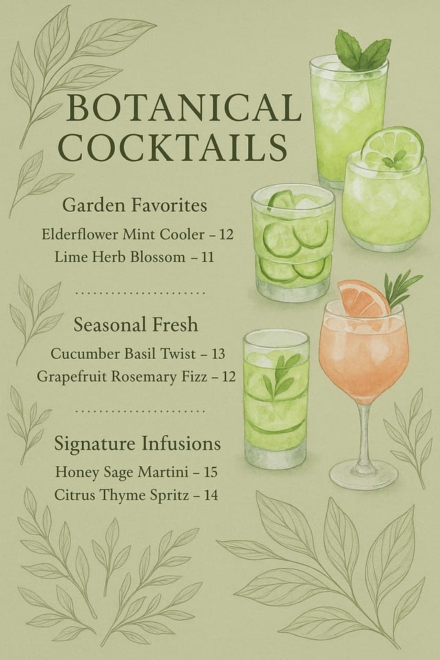 Full-bleed portrait botanical cocktail menu — Olive background with leaf sketches and watercolor drinks, elegant garden theme.