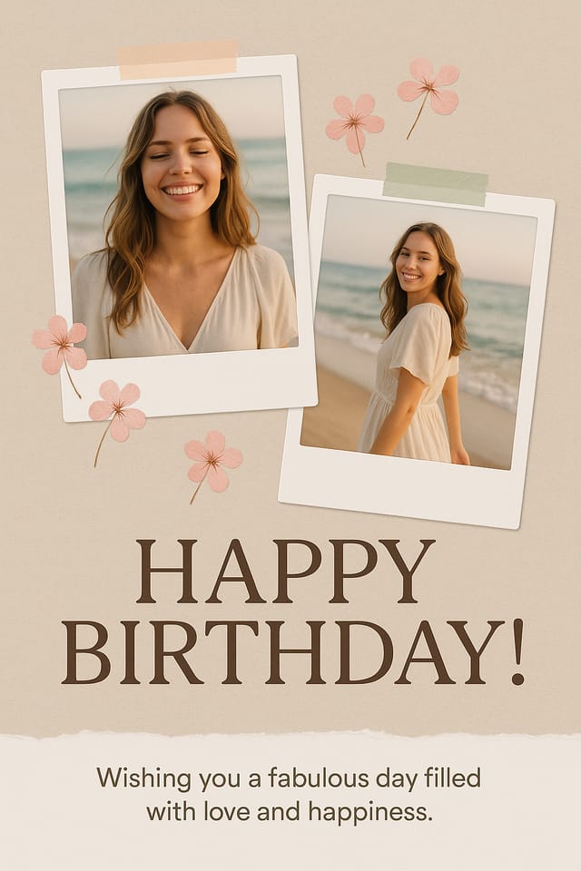 Full-bleed portrait birthday poster — Polaroid beach scrapbook design, beige textured paper and pastel tones.