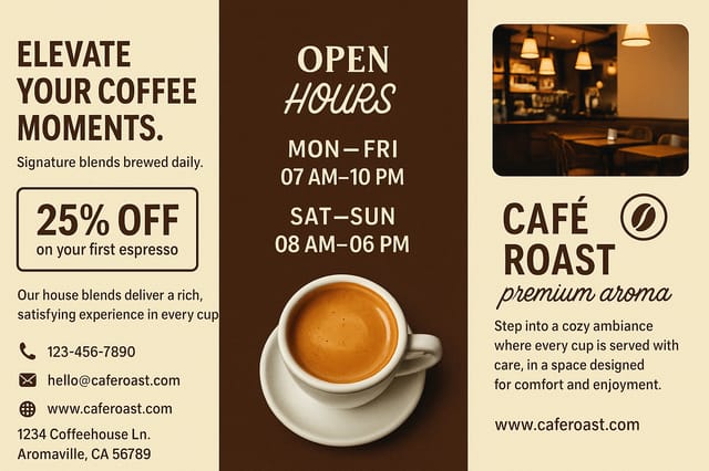 Full-bleed 16:9 coffee tri-fold brochure — cream and brown palette, elegant café branding with espresso imagery.