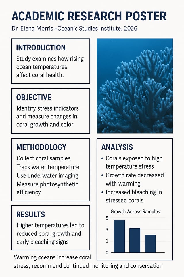 Academic research poster — coral health and ocean temperature study, navy headers, blue coral visuals.