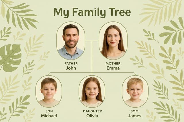 Pastel green family tree poster — parents and children photos, tropical leaves, child-friendly educational layout.