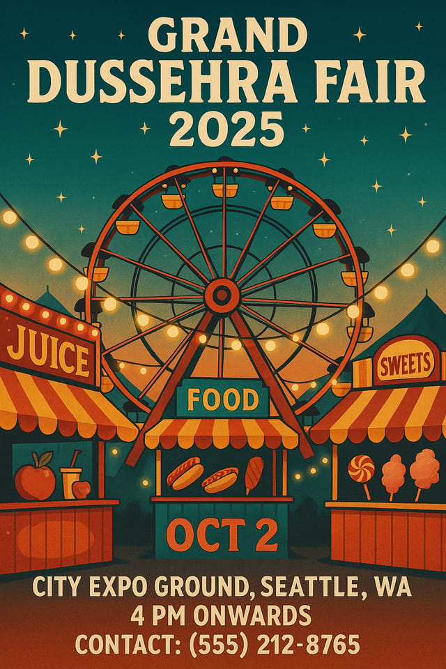 Ferris wheel and food stalls at night, carnival-style, 'Grand Dussehra Fair 2025 – Oct 2, Seattle, WA'.