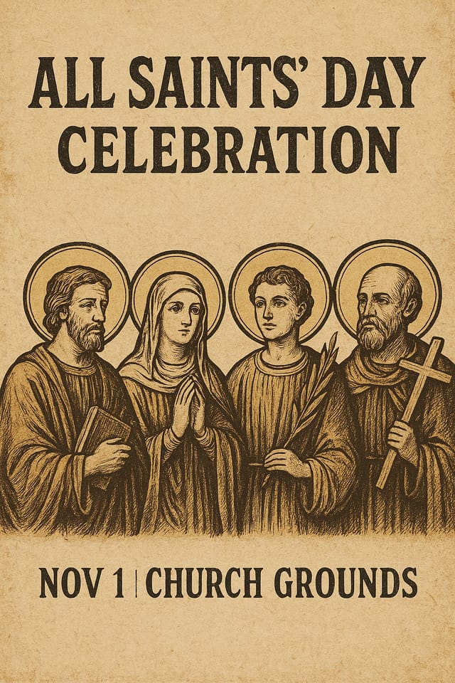 Retro All Saints’ Day poster with vintage saints and distressed fonts