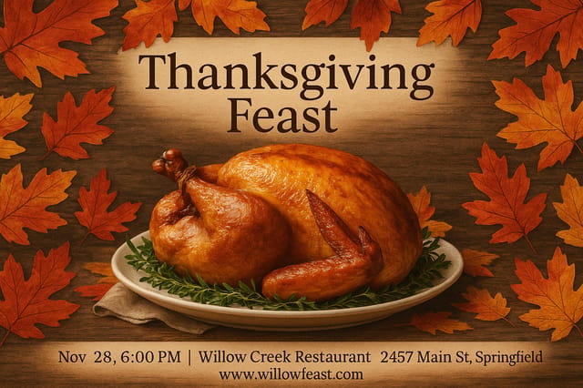 Thanksgiving Feast card – turkey centerpiece, rustic table, autumn leaves, event details